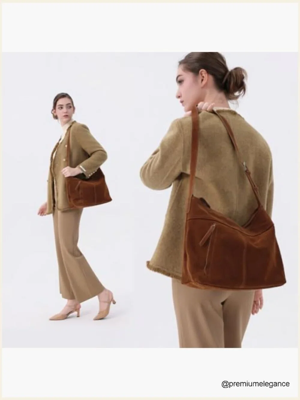 Slouchy Suede Leather Shoulder Crossbody Hobo Tote with Zip Top Pocket